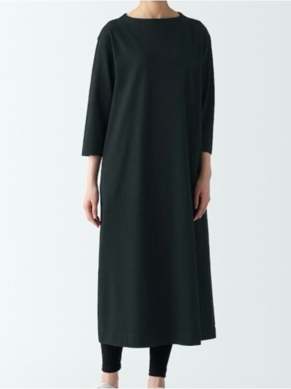 Muji Minimalist Navy BlueLong Sleeve Maxi Dress Organic Cotton Size M